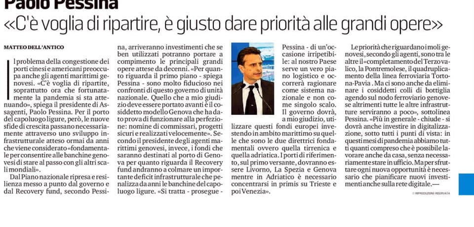 Pessina: c'è voglia di ripartire, è giusto dare le priorità alle grandi opere